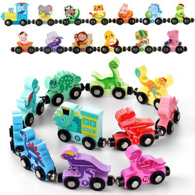 2 Set/24 Pcs Magnetic Dinosaur Animal Train Set Montessori Toys for Toddlers Wooden Dinosaur Animal Preschool Learning Activities Educational Sensory Easter Basket Stuffers Birthday Gifts