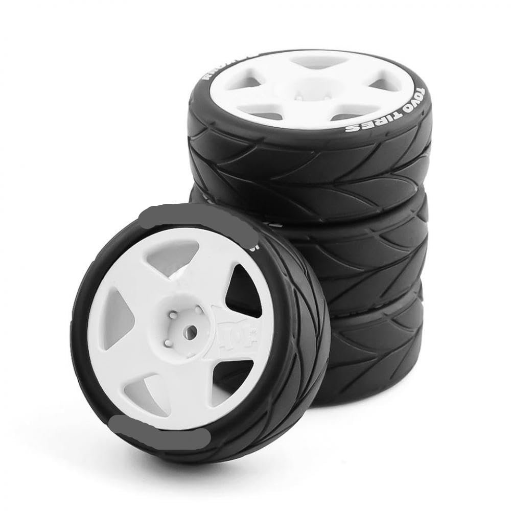 4PCS 1/10 Scale RC On Road Rubber Tires with Plastic Wheels Compatible with Various 1 10 RC Rally Cars Including TT01 TT02 and Similar Models(4pcs White)