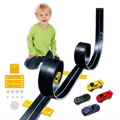 15 Ft Flexible Race Car Track for Kids,Flex Track Starter Set Compatible with Hot Wheels and Diecast 1/64th Cars,Portable Racetrack Roll Up Race Track with 4 Racecars and Suction Cups