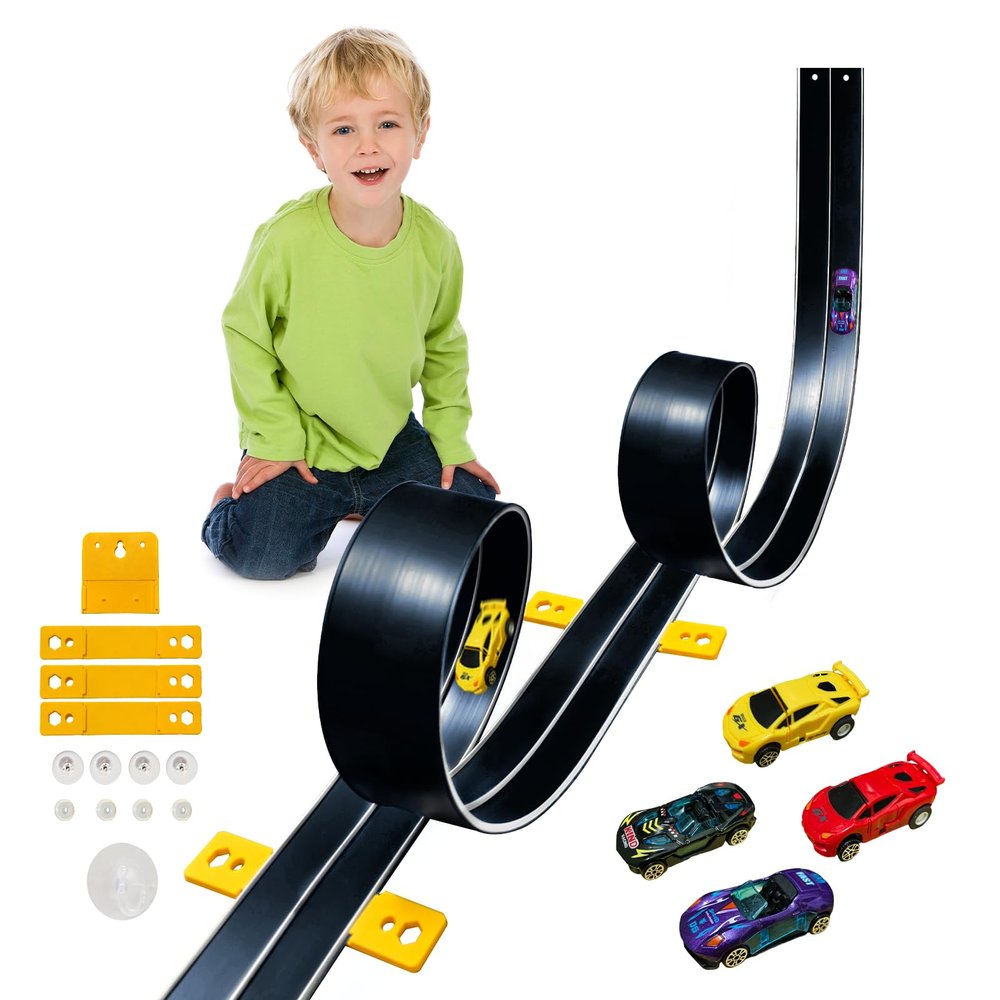 15 Ft Flexible Race Car Track for Kids,Flex Track Starter Set Compatible with Hot Wheels and Diecast 1/64th Cars,Portable Racetrack Roll Up Race Track with 4 Racecars and Suction Cups