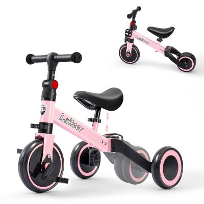 Winfire 3-in-1 Adjustable Toddler Balance Bike & Convertible Trike for Kids 2-5 Years, with Foldable Rear Wheels & Removable Pedals, Pink