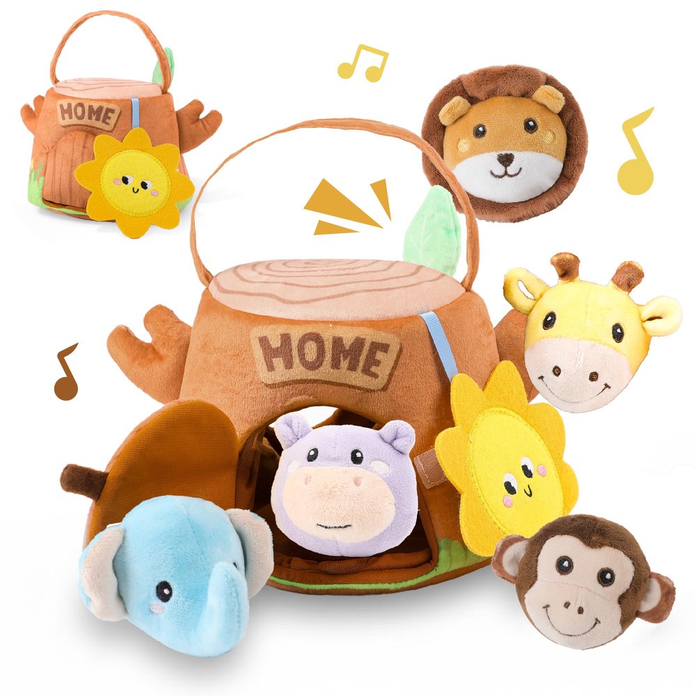 PIIKAGO Baby Toys 6-12 Months - Tree Stump with 5 Stuffed Safari Animals, Soft Busy Montessori Toys with Rattle, Crinkle, Squeaker, Mirror, Sensory Toys for Toddlers 1-3, Christmas Birthday Gift