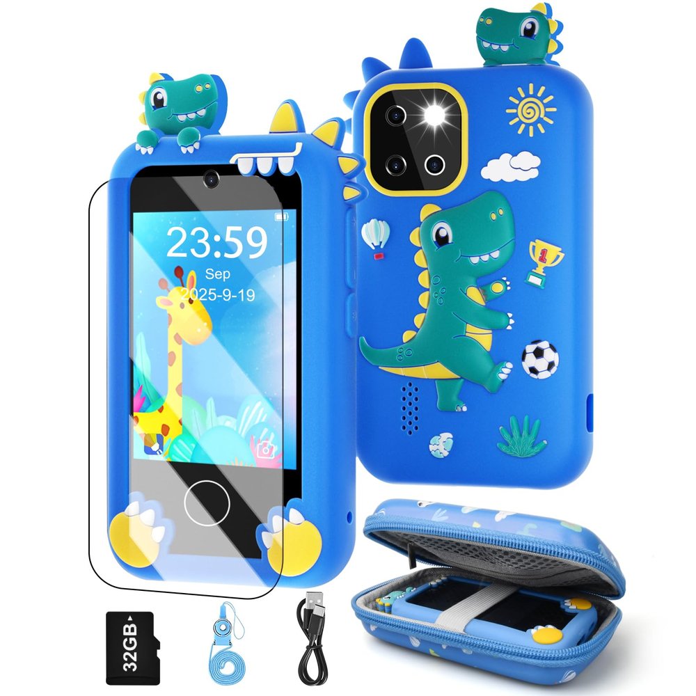 Kids Smart Phone, Christmas Birthday Gifts Dinosaur Child Play Phone for Boys 3-10, 2.8" Touchscreen HD Dual Camera Cell Phone for Kids,Travel Toy Preschool Learning Education Toy32GB Card & Bag