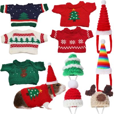 Clysee 10 Pcs Guinea Pig Clothes, 5 Guinea Pig Costume Outfit, 5 Mini Hat with Adjustable Strap Small Animal Warm Vest Sweater Cozy Hand Knitted Hat for Hamster Bunny (Modern)