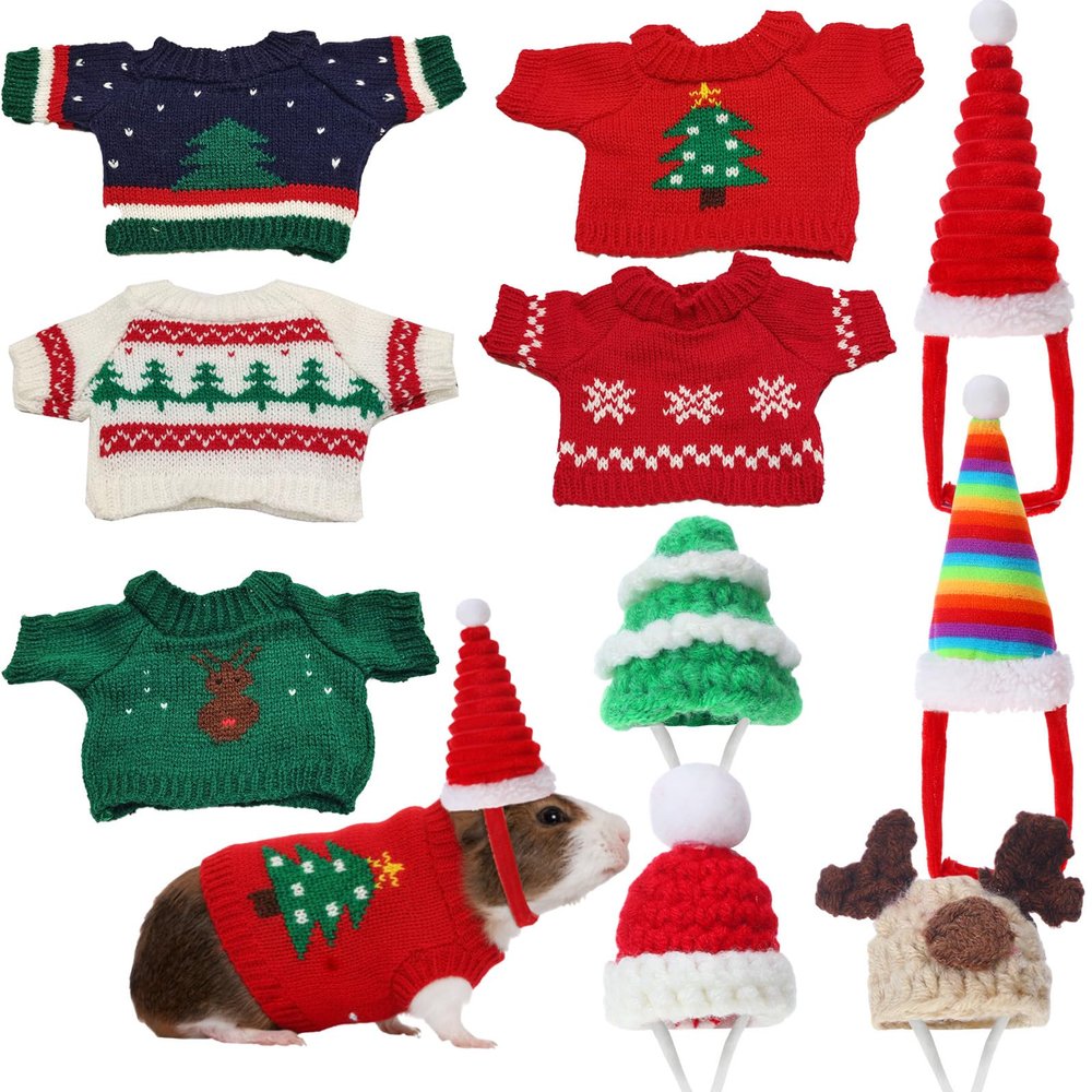 Clysee 10 Pcs Guinea Pig Clothes, 5 Guinea Pig Costume Outfit, 5 Mini Hat with Adjustable Strap Small Animal Warm Vest Sweater Cozy Hand Knitted Hat for Hamster Bunny (Modern)