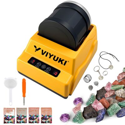 VIYUKI Rock Tumbler Kit Includes Rough Gemstones, 4 Polishing Grits, Jewelry Fastenings, Operating Instruction, 3-Speed Motor & 7-Day Timer, Great Stem Science Kit