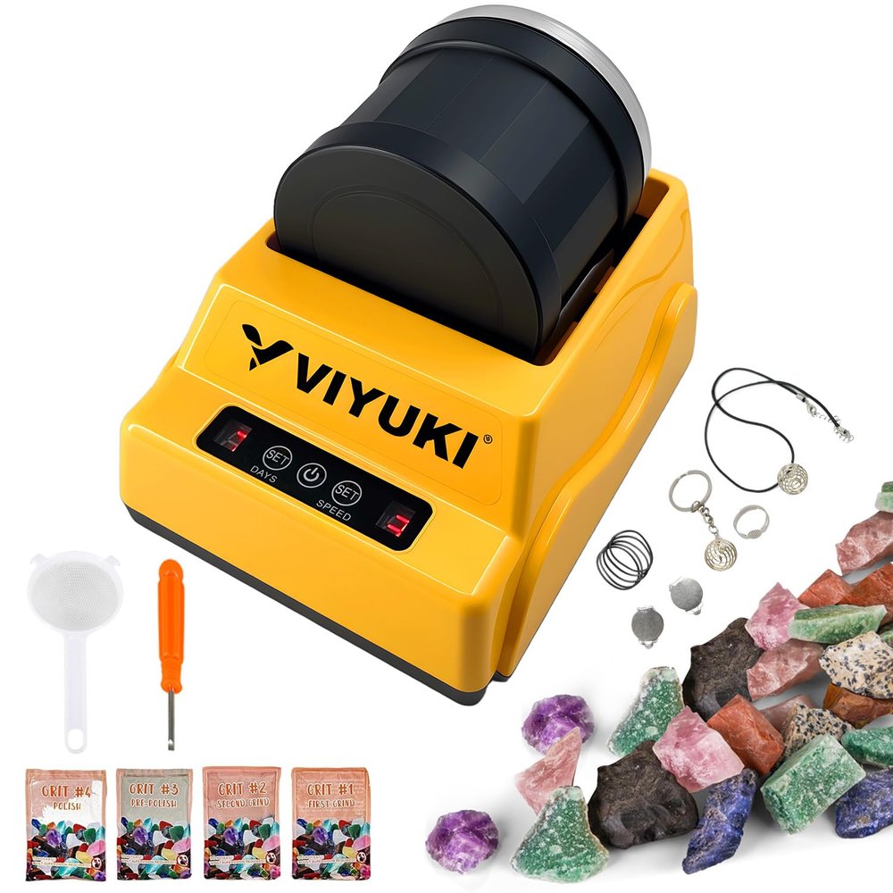 VIYUKI Rock Tumbler Kit Includes Rough Gemstones, 4 Polishing Grits, Jewelry Fastenings, Operating Instruction, 3-Speed Motor & 7-Day Timer, Great Stem Science Kit