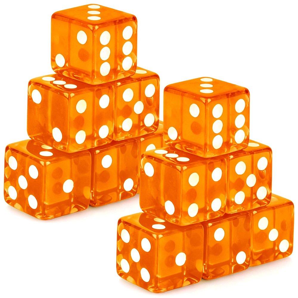Abilat 12 Pieces 19mm Casino Dice Set Acrylic Translucent 6 Sided Game Dices Square Corner Dice for Casino Vegas Theme Birthday Party Supplies Board Games Classroom Teaching (Orange)