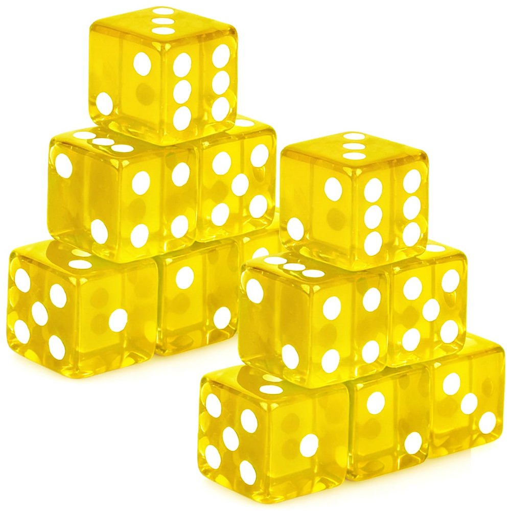 Abilat 12 Pieces 19mm Casino Dice Set Acrylic Translucent 6 Sided Game Dices Square Corner Dice for Casino Vegas Theme Birthday Party Supplies Board Games Table Games (Yellow)