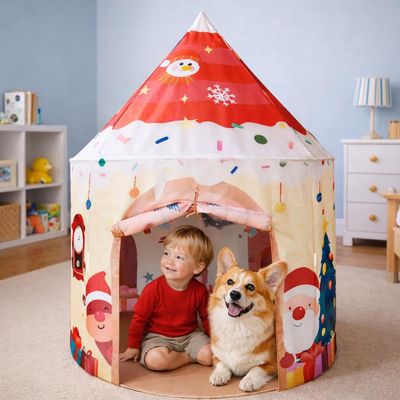 Candy House Play Tent for Kids and Pets Santa & Jingle Bells Holiday Playhouse Dog House Cat House with Roll-Up Door and Side Window, Easy Setup Kids and Pets Play House