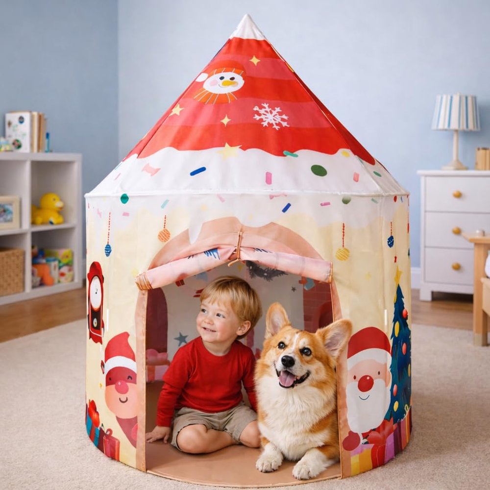 Candy House Play Tent for Kids and Pets Santa & Jingle Bells Holiday Playhouse Dog House Cat House with Roll-Up Door and Side Window, Easy Setup Kids and Pets Play House