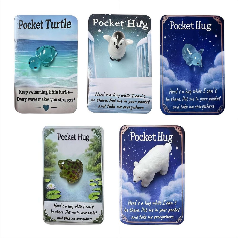 5PCS Animal Pocket Hug Gifts, Mini Resin Animal Hug Token, Cute Pocket Hug Turtle Keepsake with Positive Cards, Encouragement Greeting Card Gifts for Friend Birthday Thanksgiving Anniversary