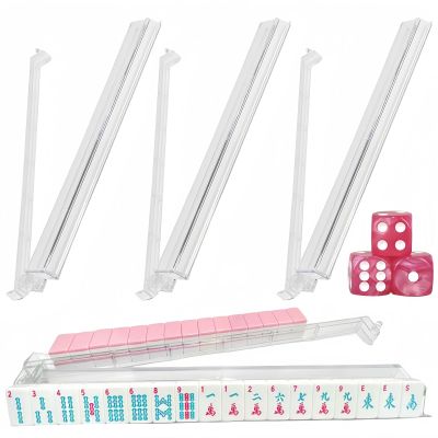 bestcool Mahjong Racks with Pushers Set of 4, Mahjong Tile Holders with Dice, Racks with Attached Pushers, Mahjong Accessories and Supplies for Women(Transparent-Pink)