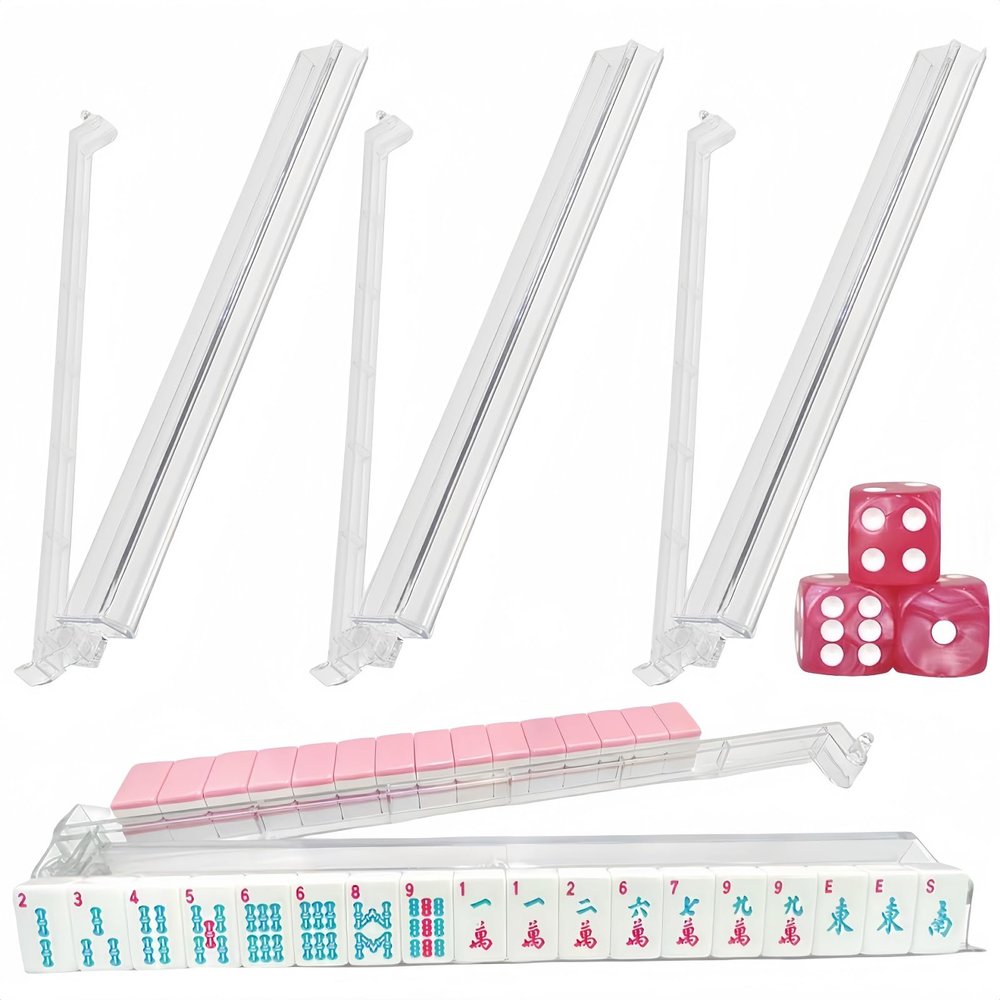bestcool Mahjong Racks with Pushers Set of 4, Mahjong Tile Holders with Dice, Racks with Attached Pushers, Mahjong Accessories and Supplies for Women(Transparent-Pink)