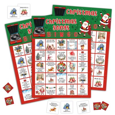 Christmas Songs Bingo Game Cards, Xmas Party Games, Christmas Party Game Decor, Winter Holiday Games, Bingo Sets for Adults Large Group, Winter Theme Party Activity Supplies -A19