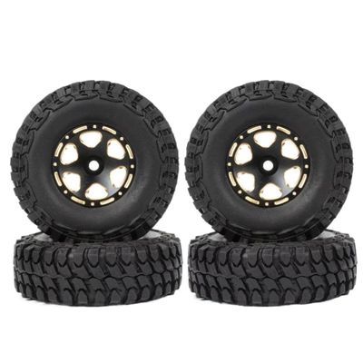 4pcs 1.0 Inch Brass Beadlock Wheel Hub Rims Tires Set Compatible with 1 24 Scale RC Crawler Cars Like SCX24 Models AXI00001 Deadbolt and Jimny