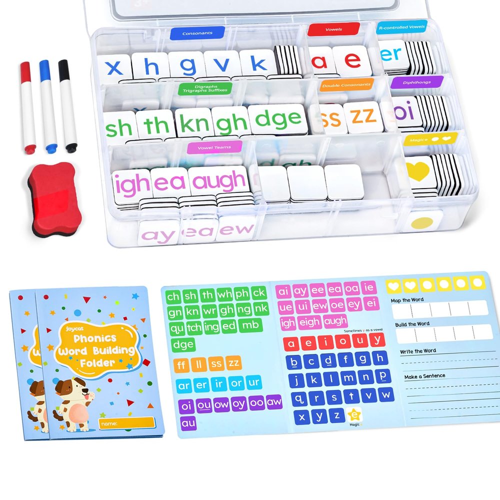 JoyCat 265 Phonics Magnetic Letter Tiles with 3 Word Folder - Hooked on Phonics Set Storage Case, Letter Sound Alphabet Letters, Preschool Pre k Classroom Materials