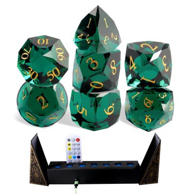 7-Piece Green Glass Polyhedral Dice Set for DND, RPG, Dungeons and Dragons, Tabletop Games, MTG, Pathfinder, with Premium Gift Box, Durable Collectible Dice for Gamers