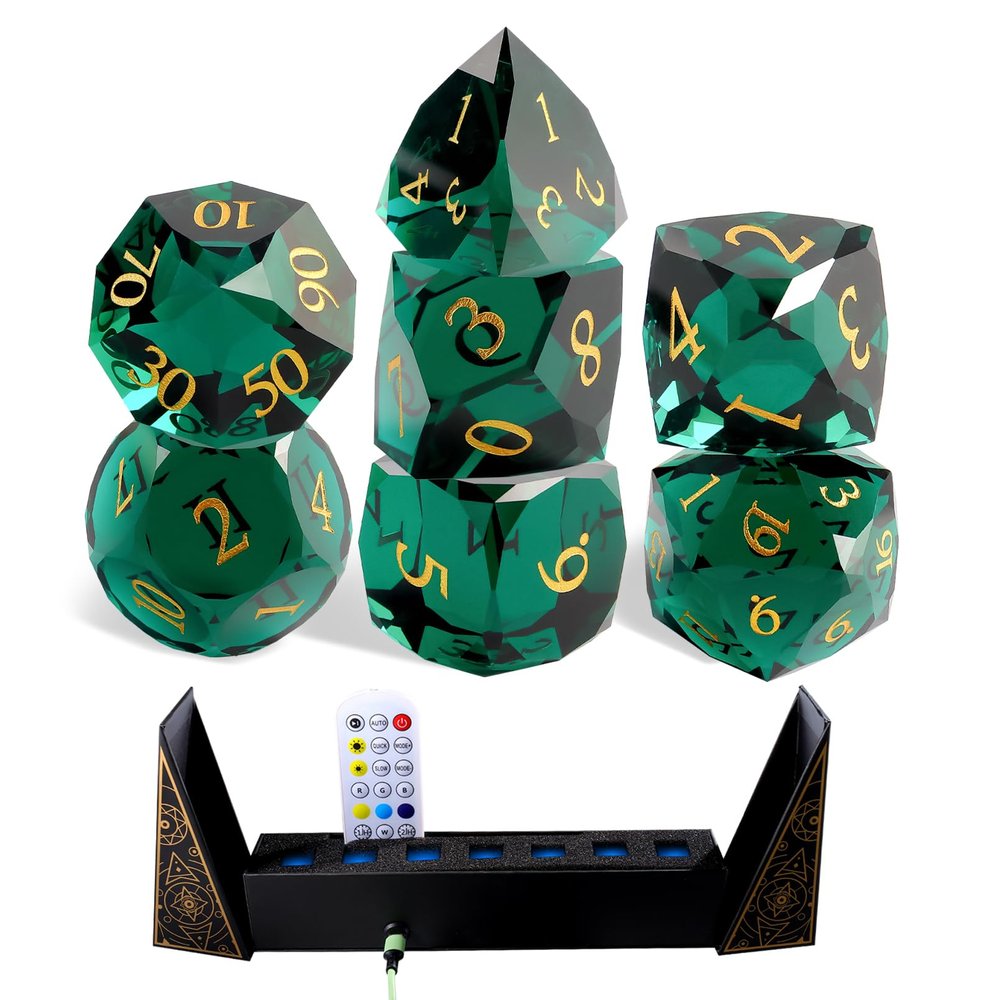 7-Piece Green Glass Polyhedral Dice Set for DND, RPG, Dungeons and Dragons, Tabletop Games, MTG, Pathfinder, with Premium Gift Box, Durable Collectible Dice for Gamers