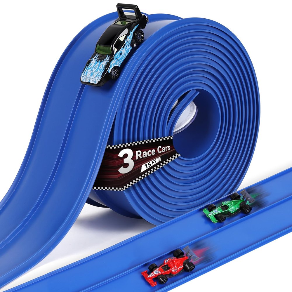 15 Ft Softer Flexible Race Track for Kids with 3 Race Cars and Storage Bag, Compatible with Hot Wheels and Diecast 1/64th Cars, Safe and Durable Materials, Birthday Gifts for Kids Age 4-9