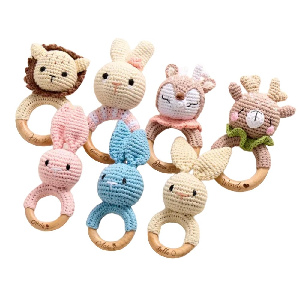 Crochet Animal Baby Rattle, Personalized Wooden Rattle for Newborns, Baby Shower Gift, Birthday Keepsake, Montessori-Inspired Toy, Custom Name Option