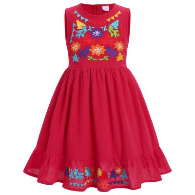 ABEHIK Kids Girls Traditional Mexican Dress Embroidered Mexican Folklorico Drape Summer Sleeveless Ruffle Cinco de Mayo Costume Fiesta Birthday Party Dresses Red 7-8 Years