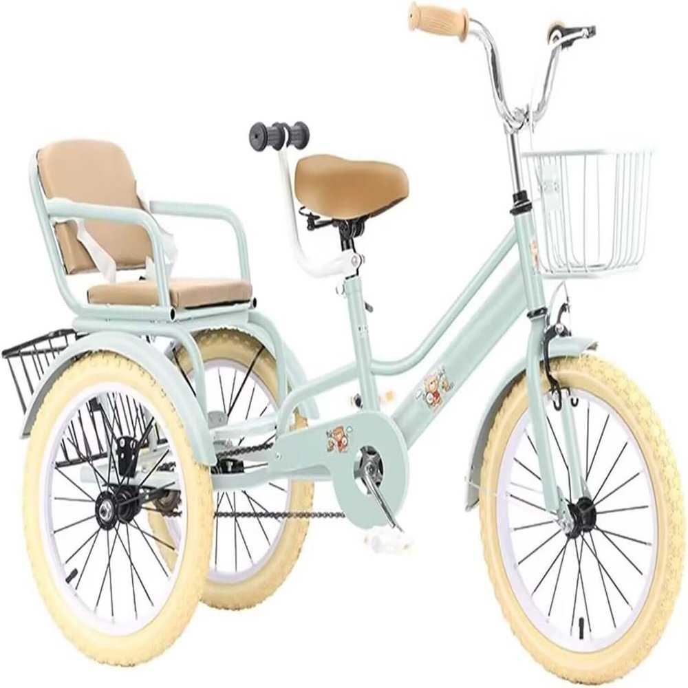 Large Pedal Tricycles with Inflatable Wheel,3-10 Years Old Tandem Bicycle,Back Seat with Belt,Toddler Trikes with Armrest,3-Wheel Bicycles for Traveling,Front Rear Baskets(Green,20Inch)
