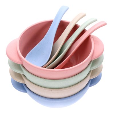 minkissy 4 Sets Feeding Bowls with Handles and Spoon Wheat Straw Dinnerware Break Resistant Smooth Surface Safe Bowls for Home and Restaurant Use