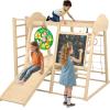 9-in-1 Indoor Jungle Gym, Montessori Indoor Playground for Toddlers,Wooden Climber Set with Swing, Slide, Monkey Bars, Climbing Neting, Upright Ladder, Climbing Ladder, Rings, Black Board, Dart Board view 1