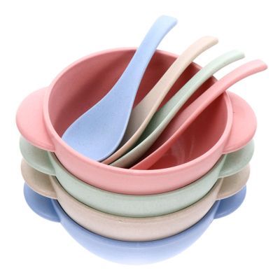 Beatifufu 4 Sets Wheat Straw Feeding Bowls with Handles Break Resistant Tableware with Spoon Non Slip and Easy to Clean Bowls for Salad Oatmeal Fruits and Vegetables
