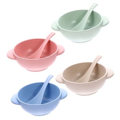 FRCOLOR 4 Sets Break Resistant Bowls with Handles and Spoon Lightweight Wheat Straw Dinnerware for Salad Fruit Oatmeal and Noodles Easy Daily Use