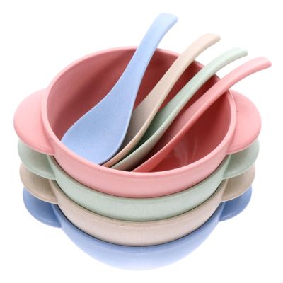 SKISUNO 4 Sets Wheat Straw Bowls with Spoon Feeding Non Slip Tableware Smooth Surface Safe for Boy Girl