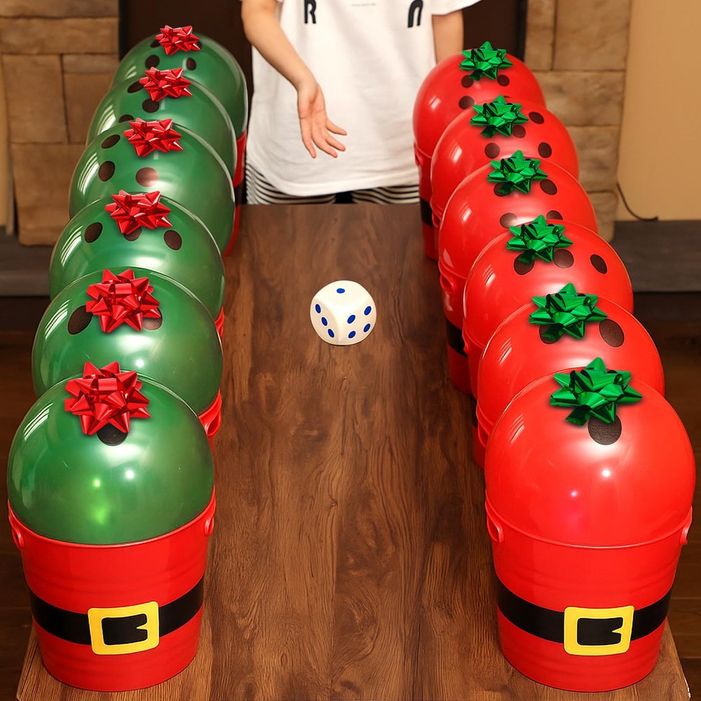 Arrowbash 12 Sets Christmas Gift Bucket Game Include Plastic Santa Belt Buckets with Handles Stress Ball Dice Garland Dart Pen Red and Green Balloons for Christmas Decorations Holiday Supplies