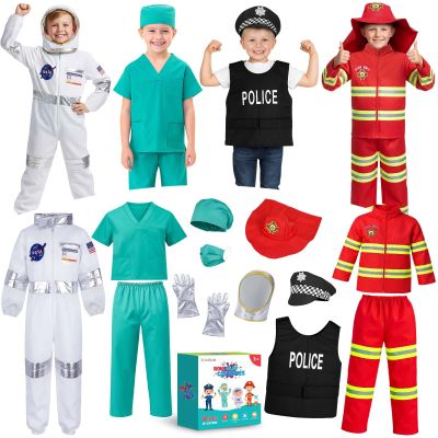 4 in 1 Toddler Dress Up Clothes 3-8 Year Career Dress Up Doctor Astronaut police vest Fireman costume Kids Pretend Play Toys Birthday Christmas Gifts 3 4 5 6 7 year old boy toys Halloween Costumes
