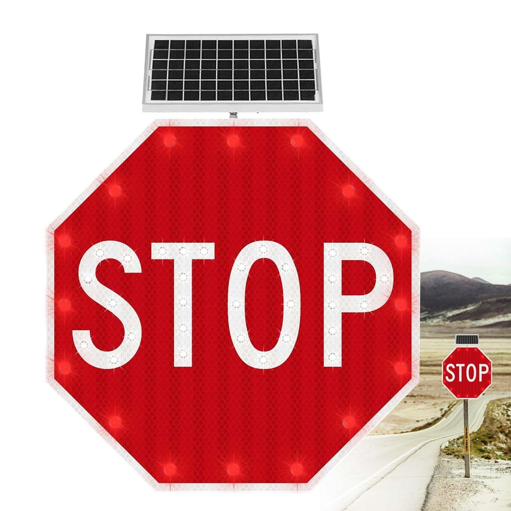 24/32" Solar Power Stop Flashing Traffic Signs for Lighted Illumanated Led Light Traffic Road Signs, Heavy Duty, Rust-Proof Metal Frame, IP65 Waterproof 60cm(24in)