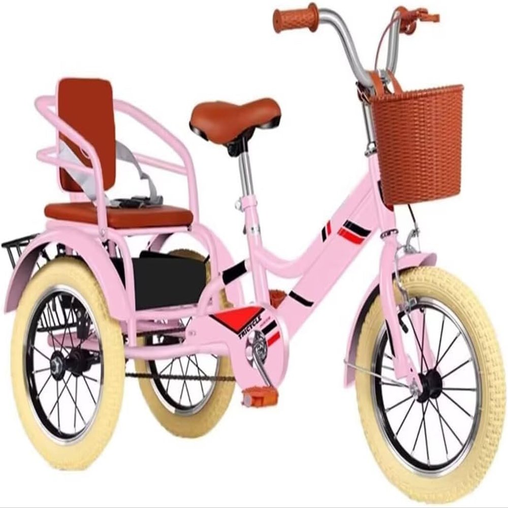 YUSIWOAL Tricycle Rickshaw with Pedals,Cruiser Tricycle with Armrest,Tandem Trike with Back Seat,Single Brake on Front Wheel,3 Wheels Bicycle with Back Basket(18Inch)