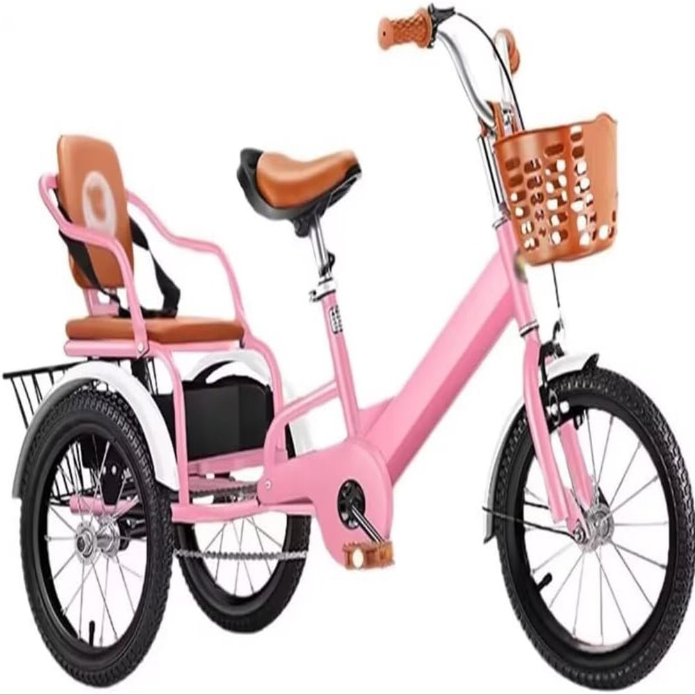 YUSIWOAL Tricycle Rickshaw with Pedals,Cruiser Tricycle,Tandem Trike with Back Seat,Single Brake on Front Wheel,3 Wheels Bicycle with Back Basket(Pink)