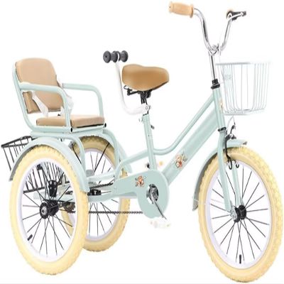 YUSIWOAL Tricycle Rickshaw with Pedals,Cruiser Tricycle with Armrest,Tandem Trike with Back Seat,Single Brake on Front Wheel,3 Wheels Bicycle with Back Basket(Greena,18Inch)