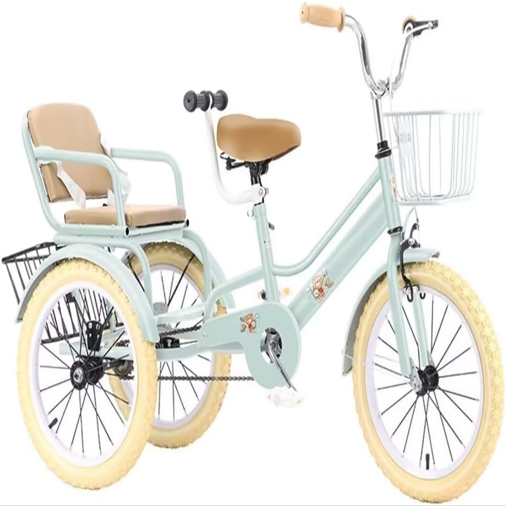 YUSIWOAL Tricycle Rickshaw with Pedals,Cruiser Tricycle with Armrest,Tandem Trike with Back Seat,Single Brake on Front Wheel,3 Wheels Bicycle with Back Basket(Greena,18Inch)