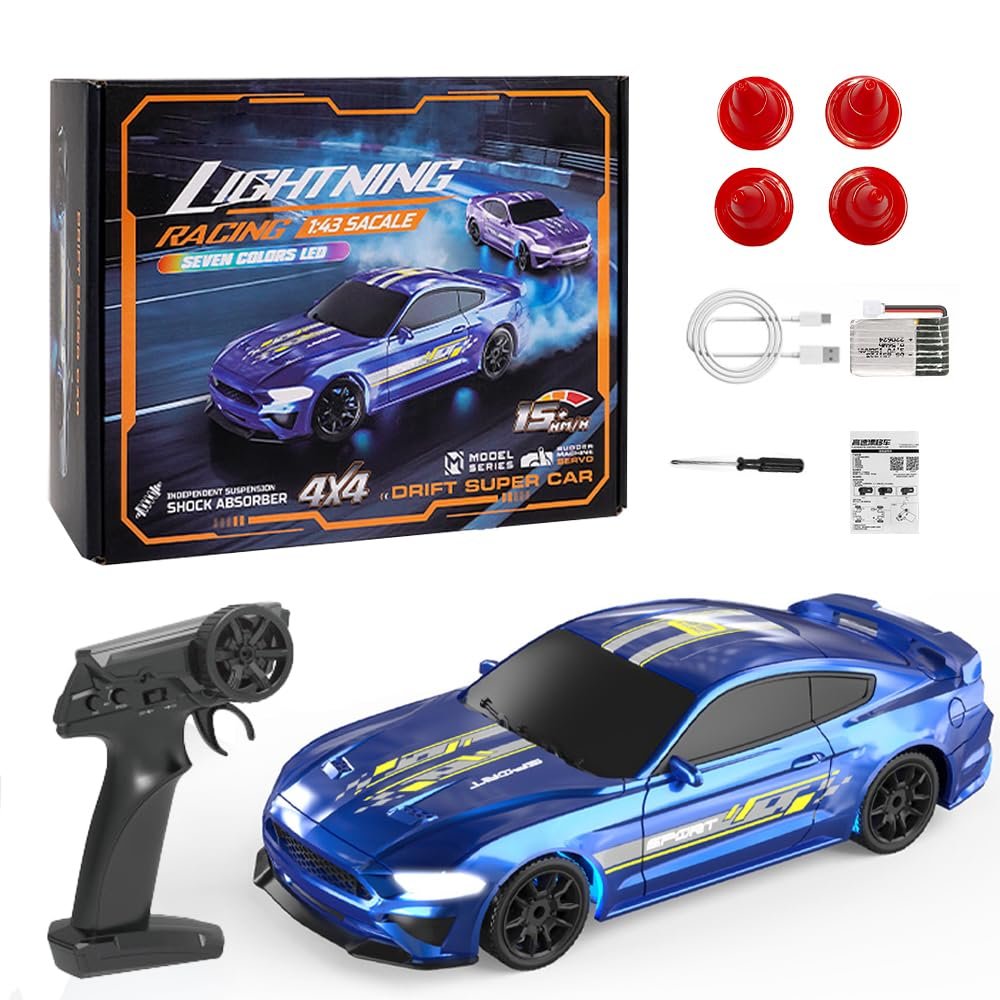 Authticar 1:43 Scale Mini RC Drift Car, 2.4GHz 4WD Desktop RC Drift Car, 15KM/h Handheld Racing Mini Vehicle with LED Lights, Speed Switching Racing Sport Toy for Adults Teens (Blue)