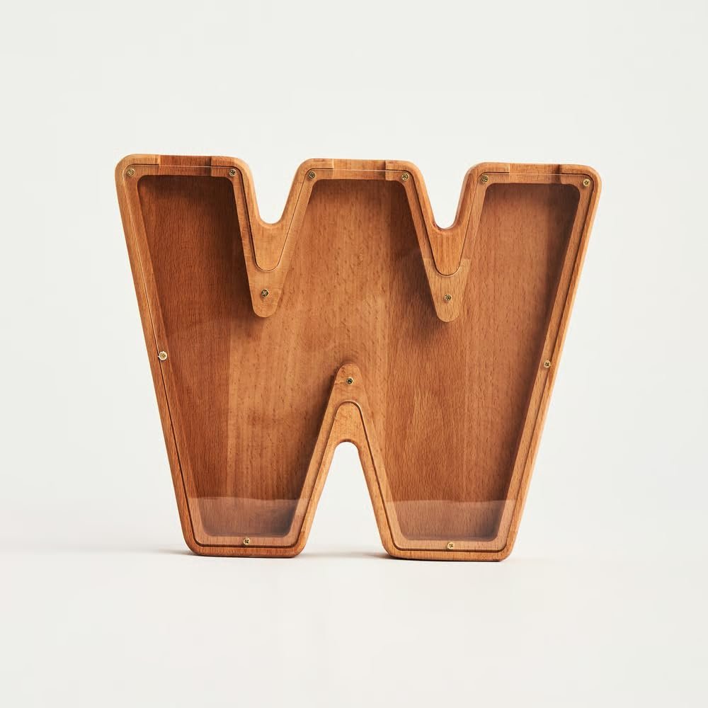 TEXAS BEST GIFT Personalized Wooden Piggy Bank Custom Letter W Coin Bank in Beech Wood with Clear Acrylic Front, Engraved Name Option, Money Saving Box for Kids and Adults