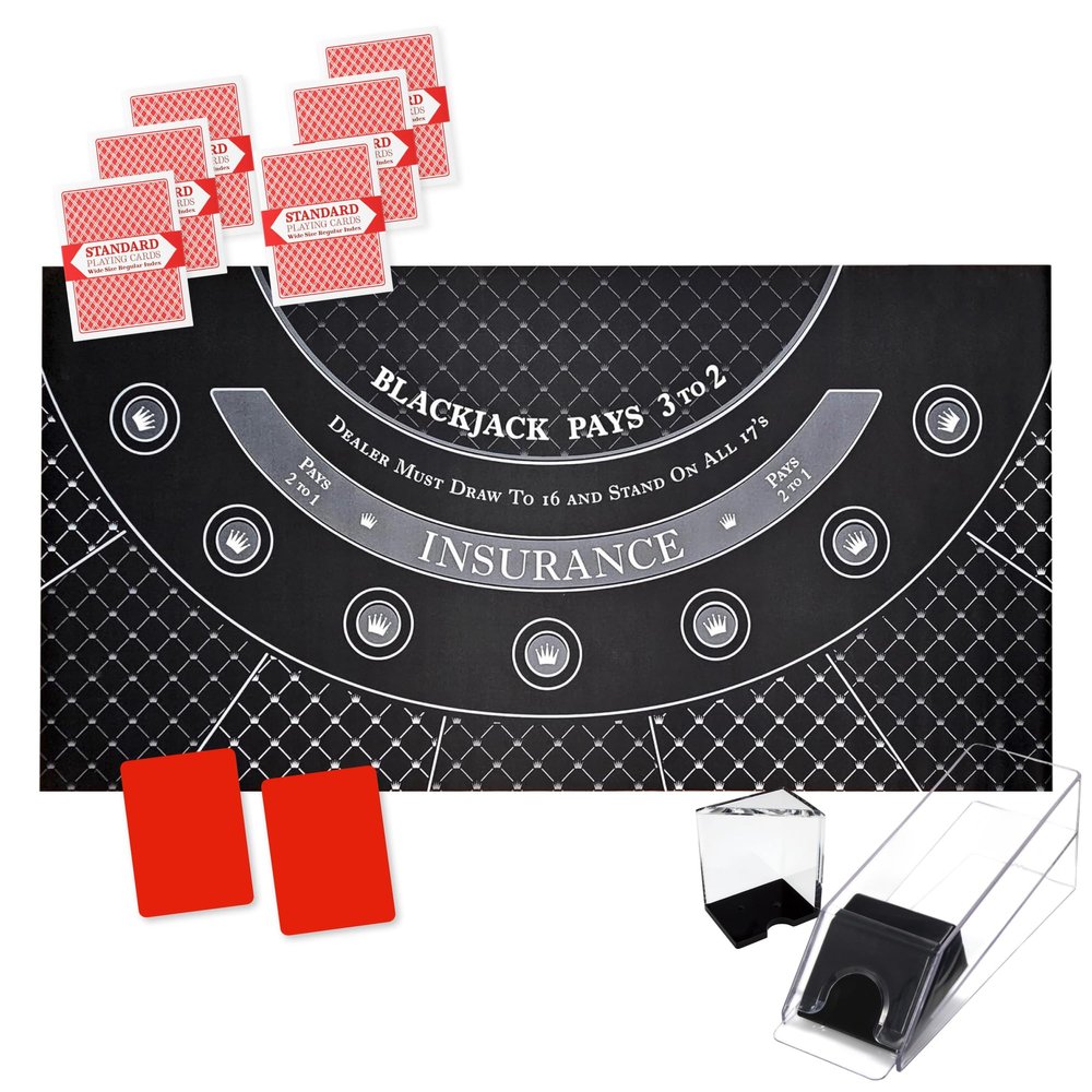 Playzaic House Advantage Blackjack Set with 6 Decks of Playing Cards, Neoprene Table Mat, Dealer Shoe, Discard Tray, Cut Cards - for Casino Night and Home Game Play