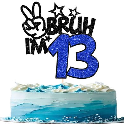 1 Pack Bruh I'm 13 Cake Topper Glitter Burh It's My 13th Birthday Cake Pick Happy 13th Birthday Cheers to 13 Years Cupcake Decorations Party Supplies Blue
