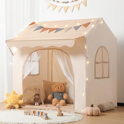 besrey Kids Play Tent with Eave, Toddler Tent 2 in 1 with Padded Mat and Lights, Large Playhouse with 2 Doors & 2 Windows, Indoor & Outdoor, Christmas Toddler Playhouse, 51" x35" x 47"
