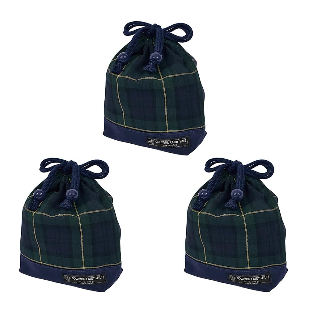 COLORFUL CANDY STYLE N3581303-BTR Drawstring Bag, Small, Cup Bag, Plaid, Dark Green x Yarn-Dyed, Navy Blue, 3-Piece Set, Girls, Boys, Fashionable, Kids, Cup Holder, Drawstring Bag, Small, Nursery