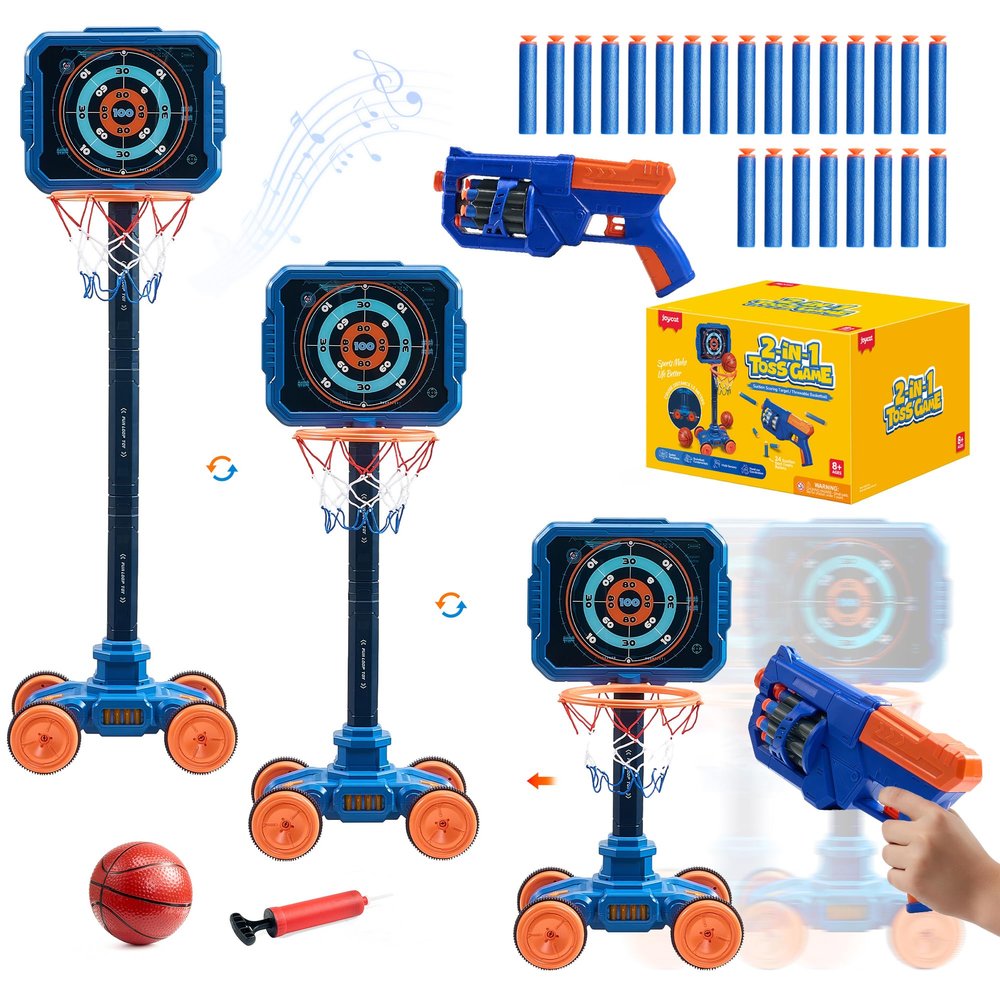JoyCat 2-in-1 Shooting&Basketball Toy for Kids,Adjustable Height Auto-Moving Shooting Target with Music,Outdoor Indoor Game Compatible with Nerf Toy Guns for Kids,Birthday Chrisrmas Gift for Boys