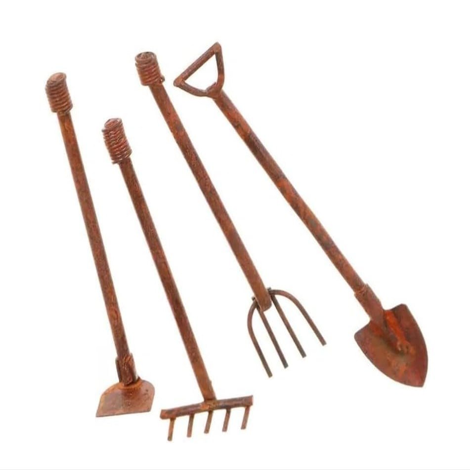4 Pcs Miniature Dollhouse Garden Tools 1:12 Mini Rusty Shovel Hoe and Pitchfork Fairy Garden Accessories Furniture Ornaments Micro Landscape Decor Garden Sculptures Statues, Decorations