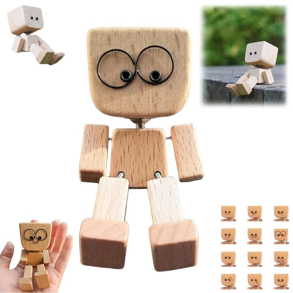Charming Little Wooden Figure That Sways with 12pcs Magnetic Expressions, Funny Shaking Feet Wooden Man Figure, New Cute Car Dashboard Desktop Decor Ornaments