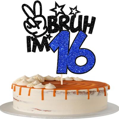 1 Pack Bruh I'm 16 Cake Topper Glitter Burh It's My 16th Birthday Cake Pick Happy 16th Birthday Cheers to 16 Years Cupcake Decorations Party Supplies Blue