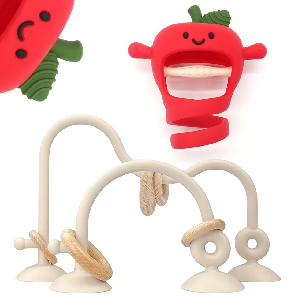Baby High Chair Suction Toys Teething Chew - Silicone Apple Teething Relief Toys Silicone Teethers Table Toys, Food Grade Silicon for 6 12 18 Months(Red)